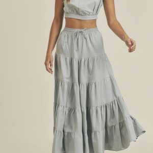LINEN MIX CROP TOP AND RUFFLE TIER MIDI SKIRT SET - DUSTY BLUE